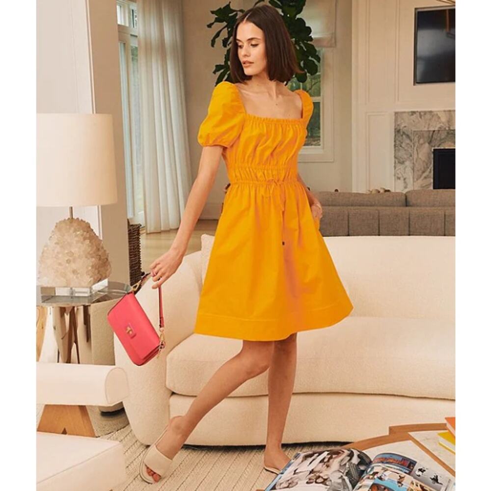 LDT Claire Square Neck Smocked Short Puffed Sleeve Drawstring Front Yellow Dress